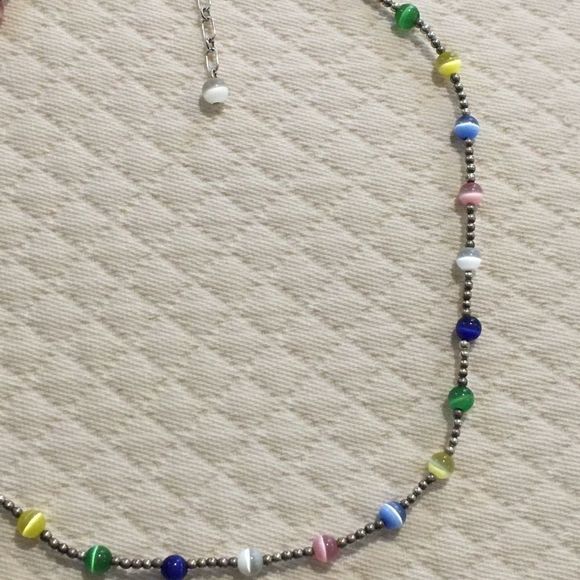 VTG Sterling Silver Multicolor Cats Eye Station Beaded Choker Necklace Extension - Picture 12 of 15
